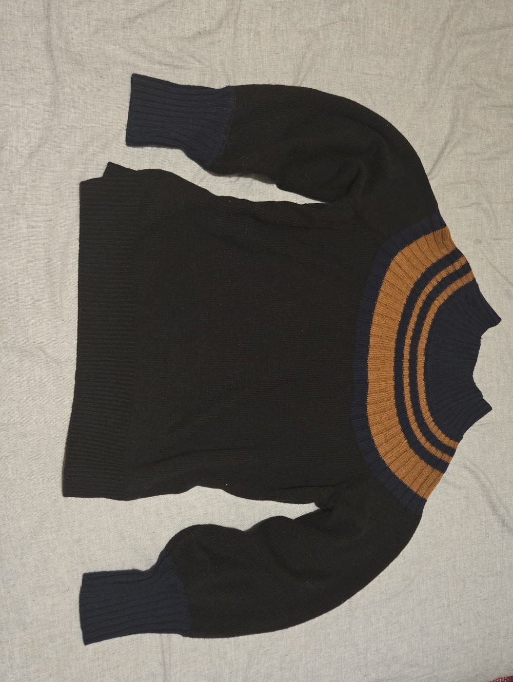 Women's Black Crewneck Sweater with Navy and Tan Yoke- Eloquii